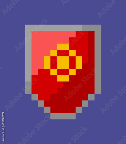 Defensive shield vector, isolated shield with circle as logo or arms of coat, flat style pixel icon for game, arcade or tournament genre adventures