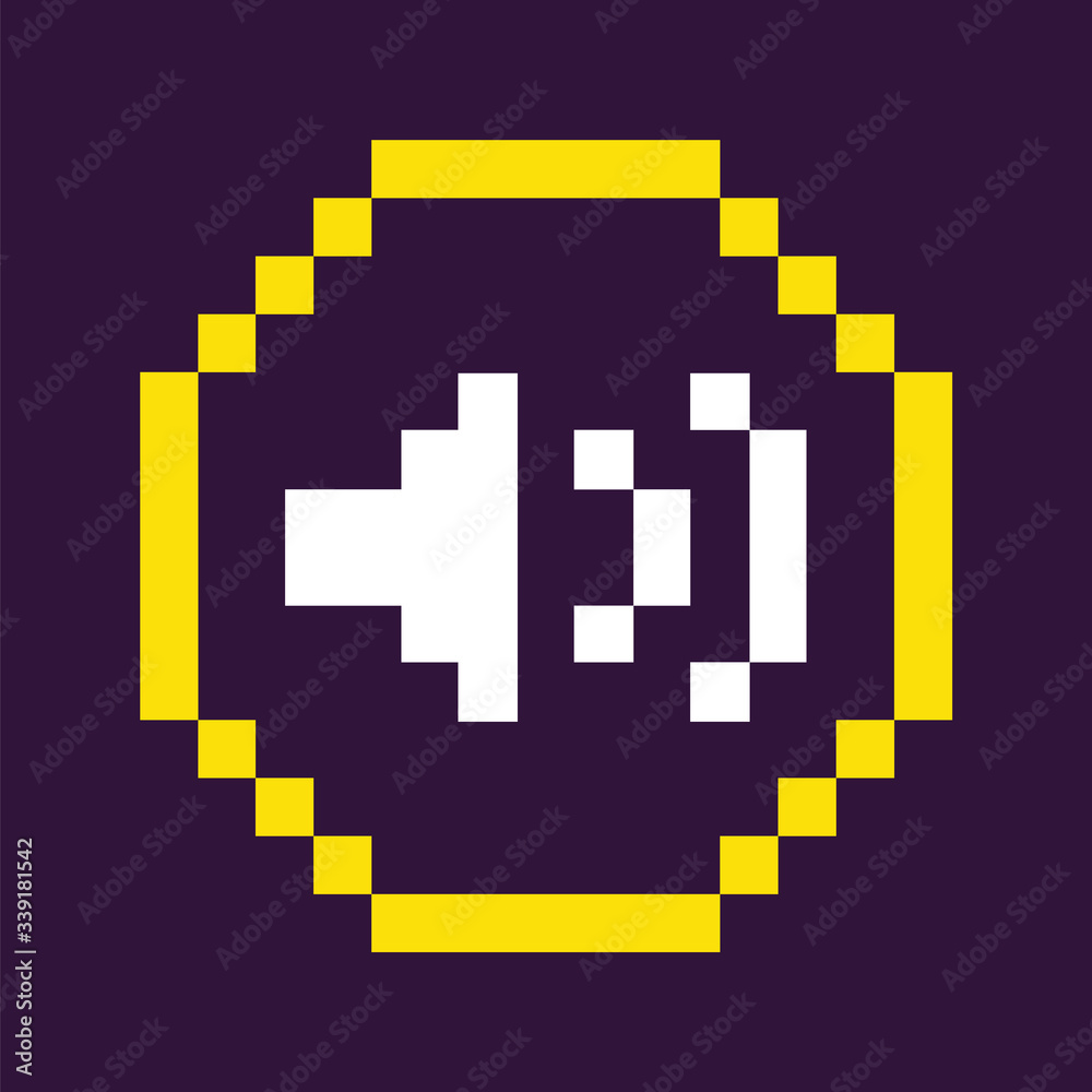 Pixel game icon vector, loudspeaker symbolizing music and sound regulation, isolated circle with object and waves, 8 bit graphics navigation button Pixel game icon vector, loudspeaker symbolizing music and sound regulation, isolated circle with object and waves, 8 bit graphics navigation button