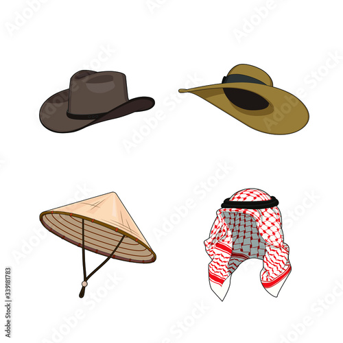 Set of traditional hats and head accessories. Chinese or vietnamese triangle bamboo hat, cowboy nad lady hats, arabic muslim head scarf. Vector graphic illustration. Isolated