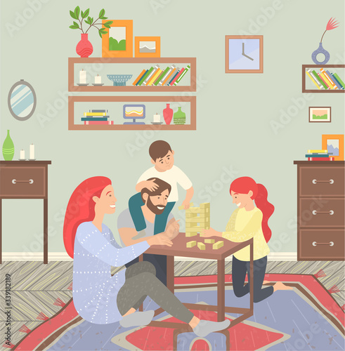 Happy family of parents and children at home on floor playing games. They sitting on carpet and play jenga. Happiness and cosiness. Mother and father, son and daughter. Vector illustration flat style