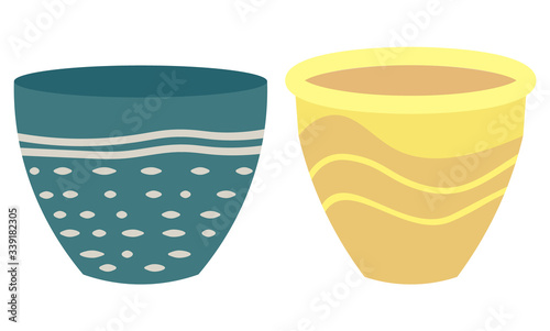 Set of striped vase isolated on white. Crockery decorative jar with waves ornament, color pot in flat style design, ceramic flowerpot. Handmade items from clay. Vase for flowers. Vector illustration