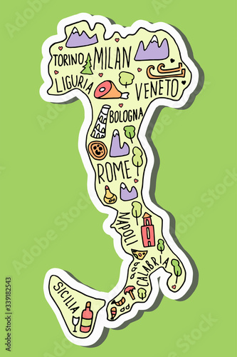 Colored Sticker of Hand drawn doodle Italy map. Italian city names lettering and cartoon landmarks, tourist attractions cliparts. travel, trip comic infographic poster,