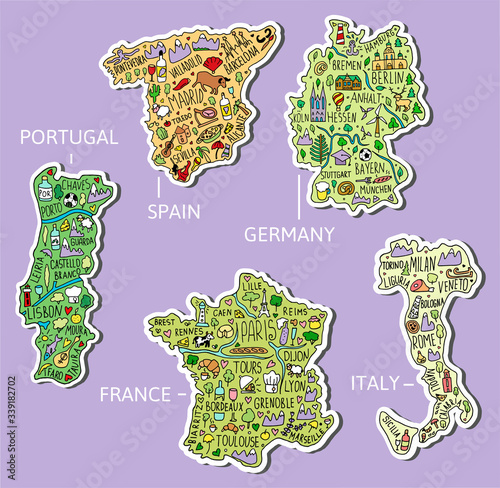 Set of hand drawn stickers. Germany, Spain, Italy, Portugal, France. Doodle maps with main cities, symbols and landscapes. Thick white stroke around illustrations.