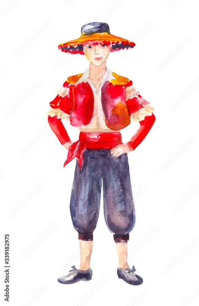 Spanish male dance costume. Man in red vest and black pants Spanish male dance costume. Man in red vest and black pants