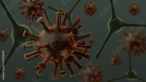 Close-up of coronavirus cells or bacteria molecule. Flu, view of a virus under a microscope, Covid-19 is harmful to people. 3d Rendering.