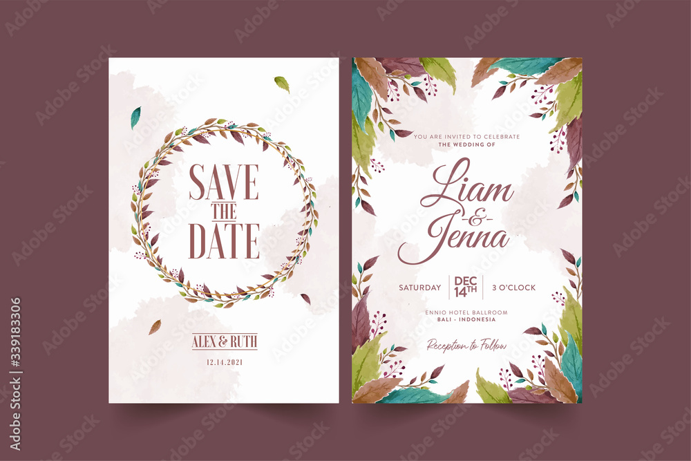Wedding invitation template with beautiful watercolor floral wreath Premium Vector