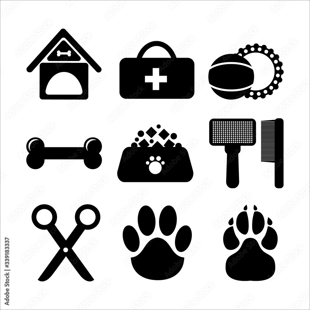 Set of icons of pet accessories. Booth, first aid, toys, bone, food, hairbrush, scissors, trace of cat, dog. Vector