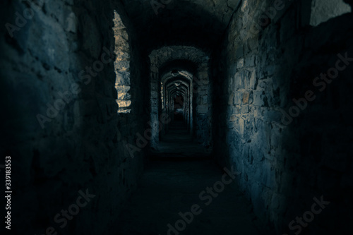 mystery castle dungeon twilight lighting medieval architecture arch shape passage without people photo