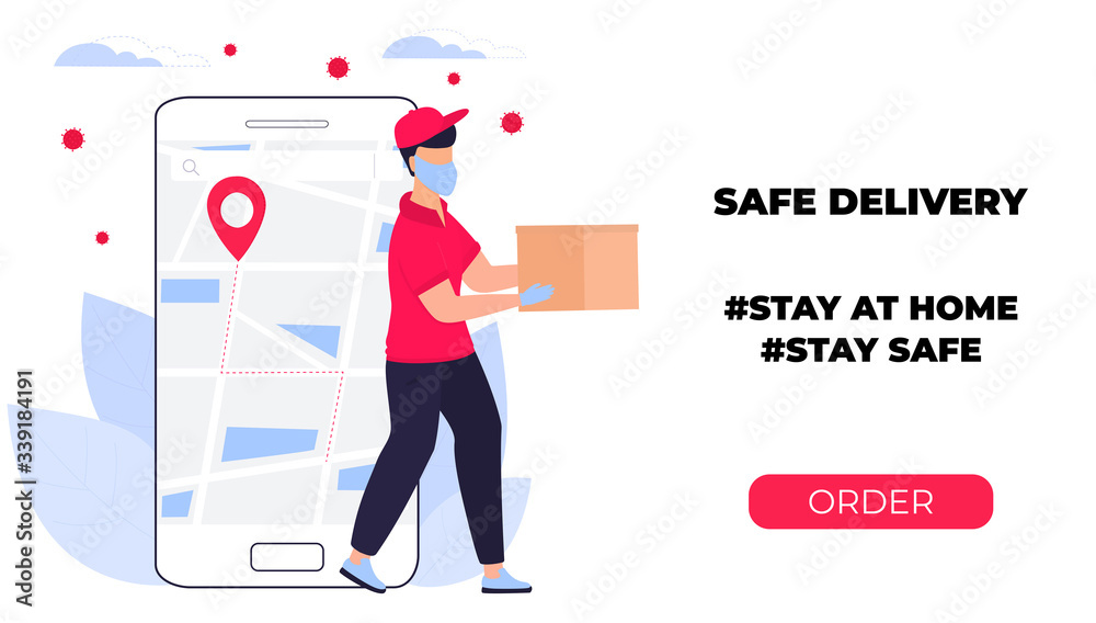 COVID-19. Coronavirus epidemic. Courier in a protective medical mask carries a parcel in his hands. Online ordering of goods and food. Safe delivery. Web page design templates. Stay home
