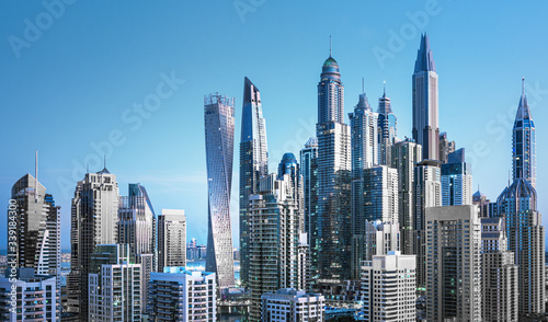 Amazing and Luxury Dubai Marina skyscrapers  famous Jumeirah beach skyscrapers at sunrise  United Arab Emirates