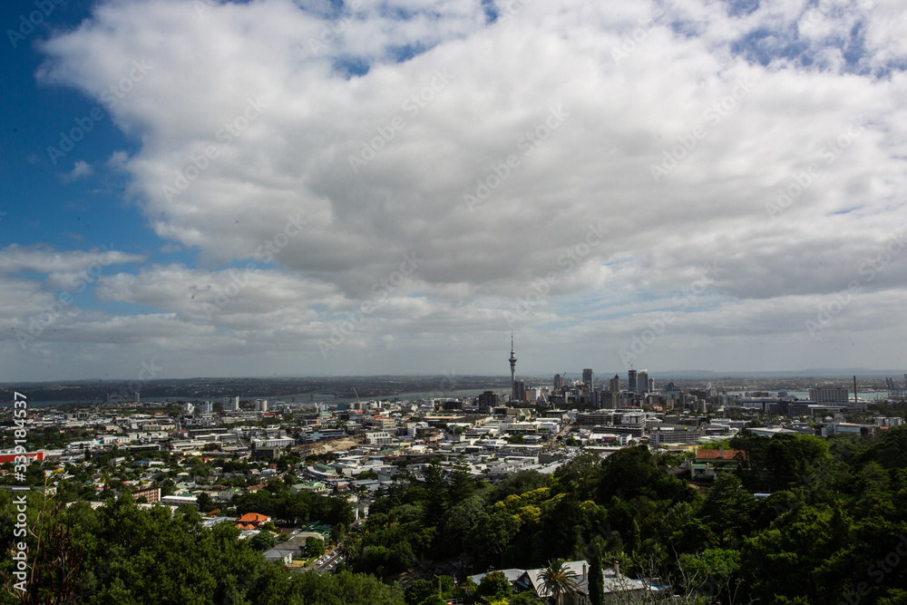 
A view from Mount Eden of Auckland city in the North Island of New Zealand