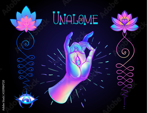 Lotus and Sacred Geometry. Unamole hindu symbol of wisdom and path to perfection. Set of tattoo flesh, yoga logo. Boho oriental print, poster, t-shirt textile. Colorful rainbow signs set