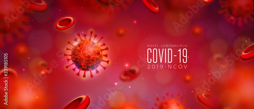 Covid-19. Coronavirus Outbreak Design with Virus and Blood Cell in Microscopic View on Abstract Background. Vector 2019-ncov Corona Virus Illustration on Dangerous SARS Epidemic Theme for Banner.