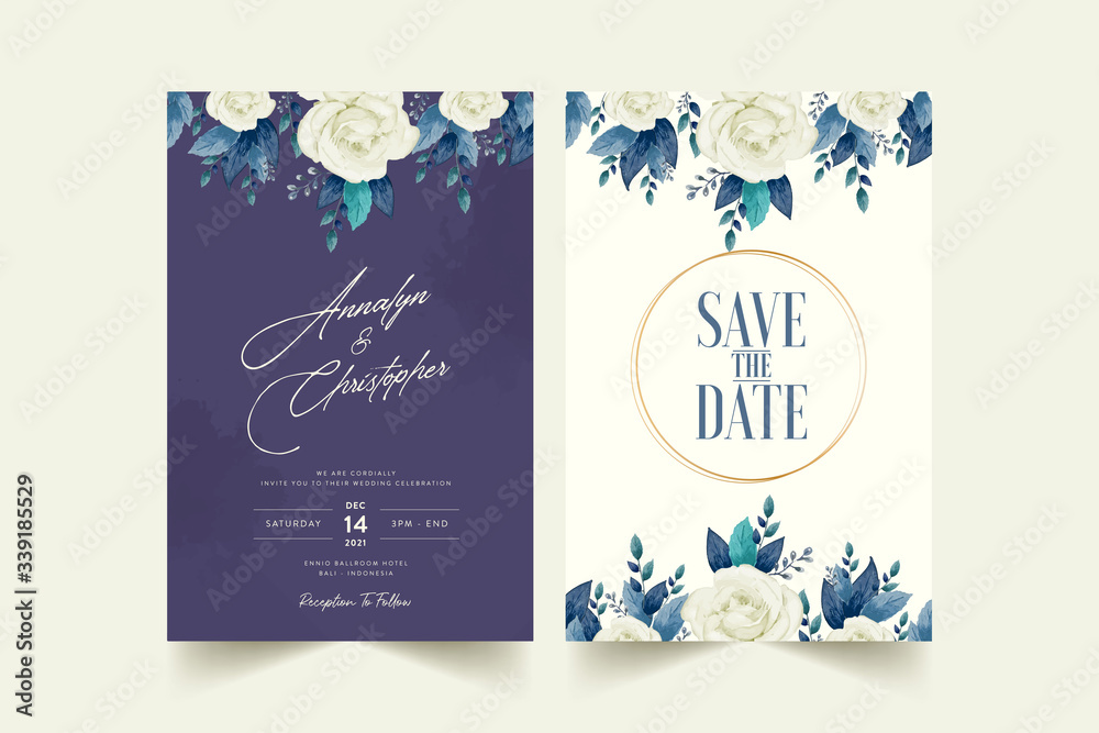 Wedding invitation template with beautiful watercolor floral wreath Premium Vector