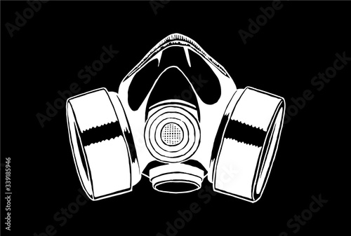 Graphical sketch of gas mask isolated on black, vector engraved illustration	
