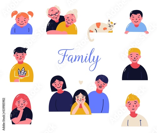 Family portrait set. Father and mother, children, elderly parents and a cat