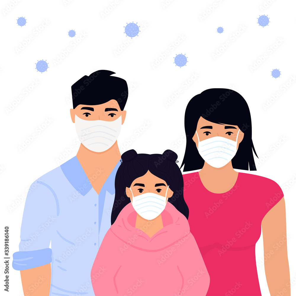 Obraz premium COVID-19. Coronavirus epidemic. Concept of quarantine, prevent infection. Family. Man, woman and girl are in protective medical face masks are on self-isolation. Stay home
