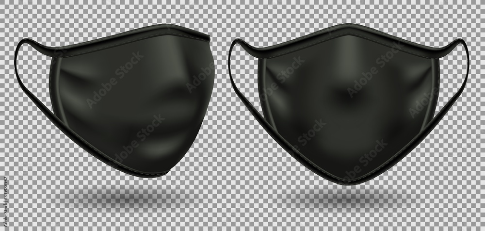Set black medical mask with a symbol of coronavirus covid-19. Front view. To protect against infection and polluted air. 3D realistic illustration. Isolated on transparent background, vector.