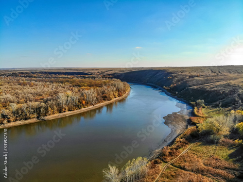 Aerial drone view on autumn river landscape