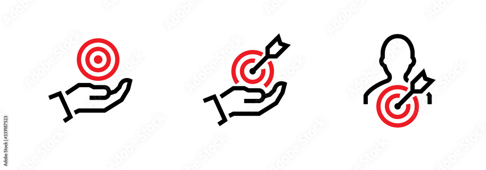 Obraz premium Set of take Aim, get Goal and Client Target business icons. Editable line vector.