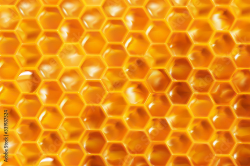 Realistic Honeycombs background. Bright color texture honey, 3D hexagons for banner,natural product. advertising or wallpaper. vector