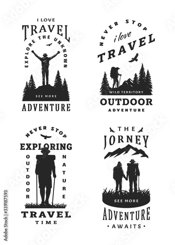 Set of black and white emblems, t-shirt design on the theme of travel. Vector illustration.