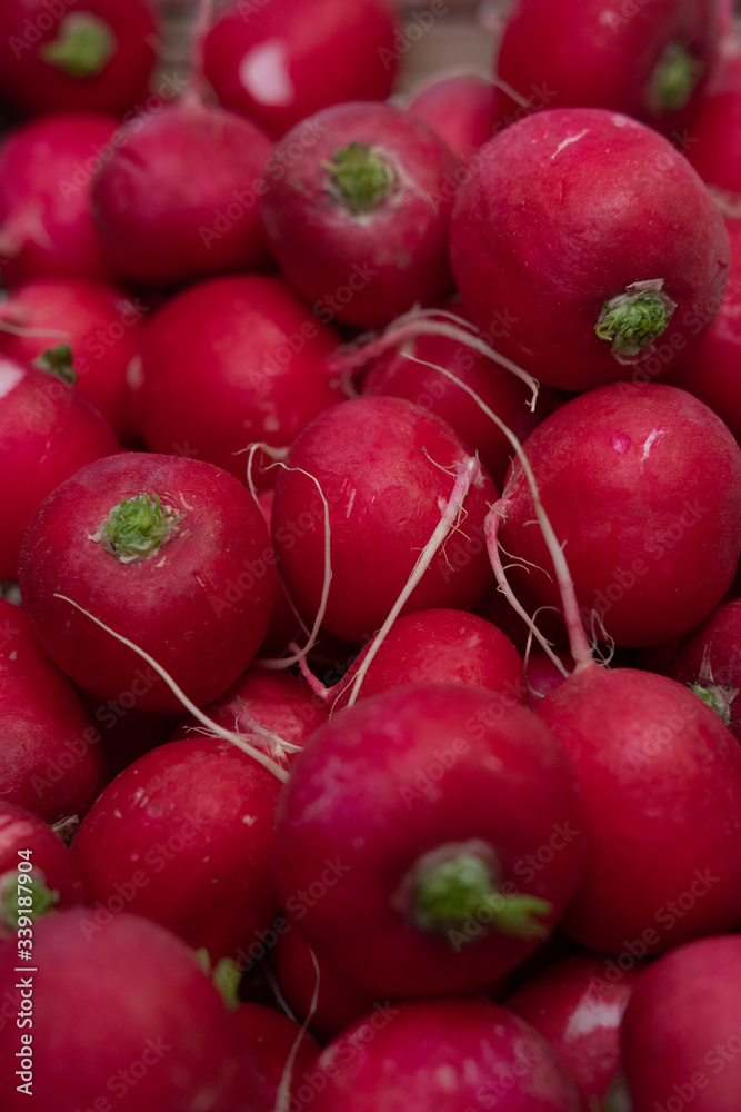 Red radishes, fresh pink radishes in the basket, fresh spring vegetables, vegetables on the table Red radishes, fresh pink radishes in the basket, fresh spring vegetables, vegetables on the table