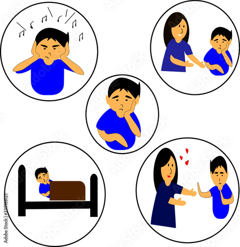 The vector showing boy suffering from  Autism spectrum disorder-early sings and symptoms of ASD such as poor eye contact,depression,dyspraxia,insomnia,intolorance to sounds, rejecting cuddles.