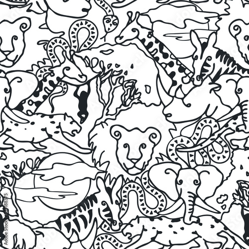 Seamless vector pattern safari animal line art on white background. Simple African one line sketch art wallpaper design.