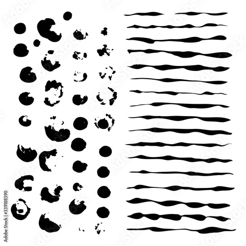 Straight and circle strokes painted in thick black paint isolated on a white background