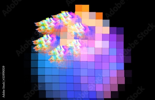 Fantasy 3d banner on black backdrop. Orange background. Abstract template.