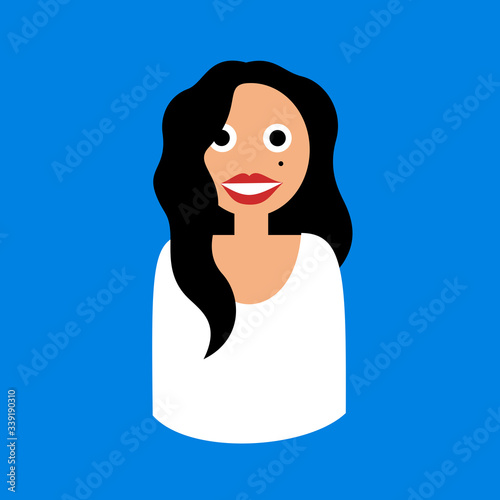 Beautiful and attractive female, woman and girl with pretty beauty mark, hair, smile and lips. Frontal portrait of human. Vector illustration isolated on plain blue background.