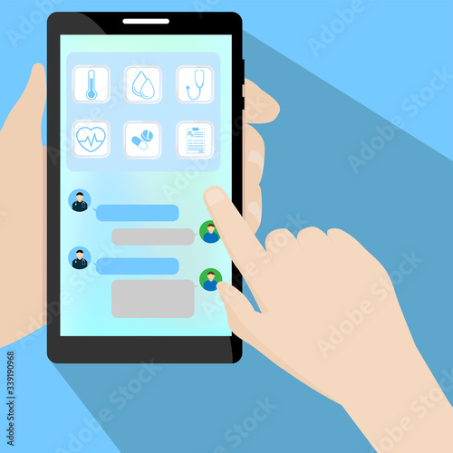 hand hold mobile phone with medical application chatting between user and doctor  icon about temperature, heart rate , blood pressure, pill ; healthcare