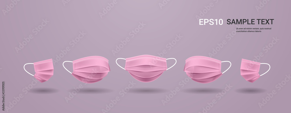 pink antiviral medical face mask protection against coronavirus prevention of virus spreading pandemic covid-19 view from different angles copy space horizontal vector illustration