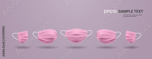 pink antiviral medical face mask protection against coronavirus prevention of virus spreading pandemic covid-19 view from different angles copy space horizontal vector illustration