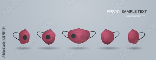 red antiviral medical face mask protection against coronavirus prevention of virus spreading pandemic covid-19 view from different angles copy space horizontal vector illustration
