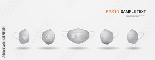 white antiviral medical respiratory face masks coronavirus prevention of virus spreading pandemic covid-19 view from different angles copy space horizontal vector illustration