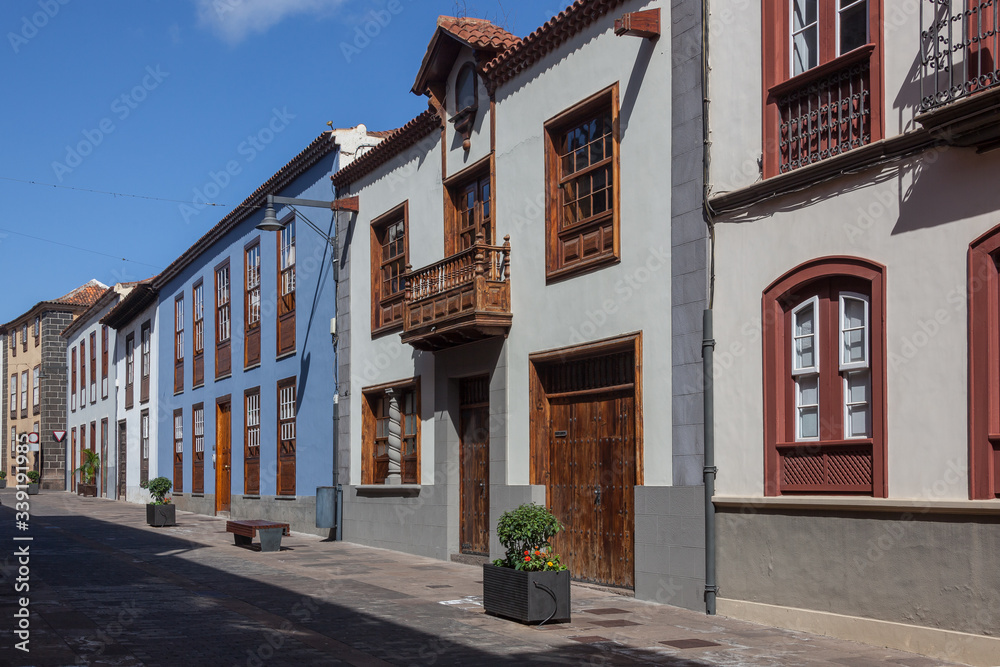 Picturesque facades of old houses on the street of the historical La Laguna town, Tenerife, Canary Islands, Spain.