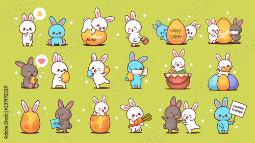 set cute rabbits happy easter bunnies stickers collection spring holiday concept horizontal vector illustration