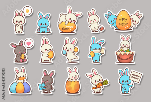 set cute rabbits happy easter bunnies stickers collection spring holiday concept horizontal vector illustration