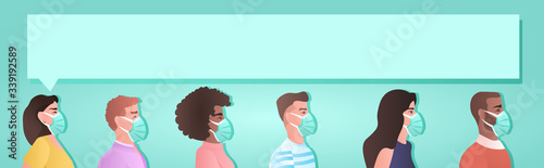 mix race people in protective masks against corona virus covid-19 protection stop coronavirus pandemic concept portrait horizontal vector illustration