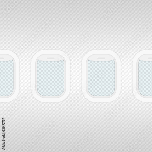 Aircraft, airplane windows with transparent outside. Travel or tourism concept. Seamless background. Vector illustration in flat style. EPS 10.