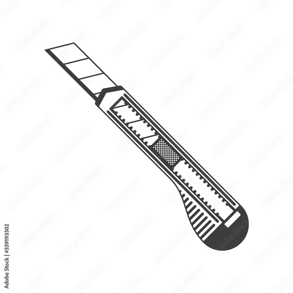 Office plastic paper knife isolated on white background. Retractable Knife icon in flat style. Cutter sign. Hand tools for repair and construction. Vector illustration EPS 10.