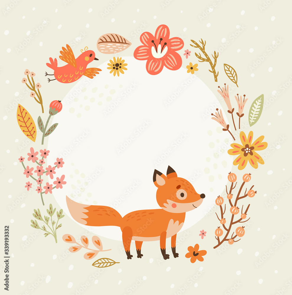 Floral background, frame for text with cute foxes and flowers. Floral background, frame for text with cute foxes and flowers.