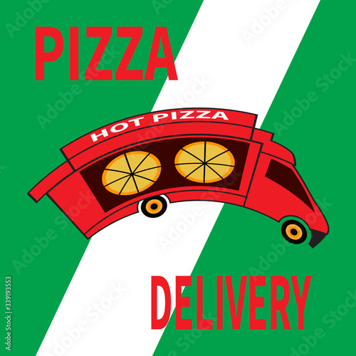 Red pizza truck delivery on white-green background