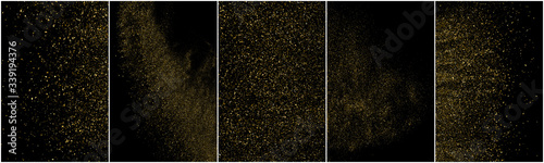 Set of Gold Glitter Texture Isolated on Black Background. Golden stardust. Amber Particles Color. Sparkles Rain. Vector Illustration, Eps 10.