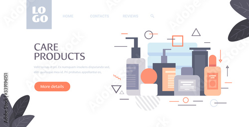 set cosmetic or perfume containers bottles facial beauty spa care products natural cosmetology packaging skin treatment concept horizontal copy space vector illustration