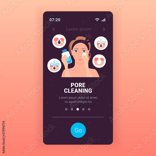 woman using napkin cleaning pore facial cleansing procedure on clogged face skin care treatment concept portrait smartphone screen mobile app copy space vector illustration