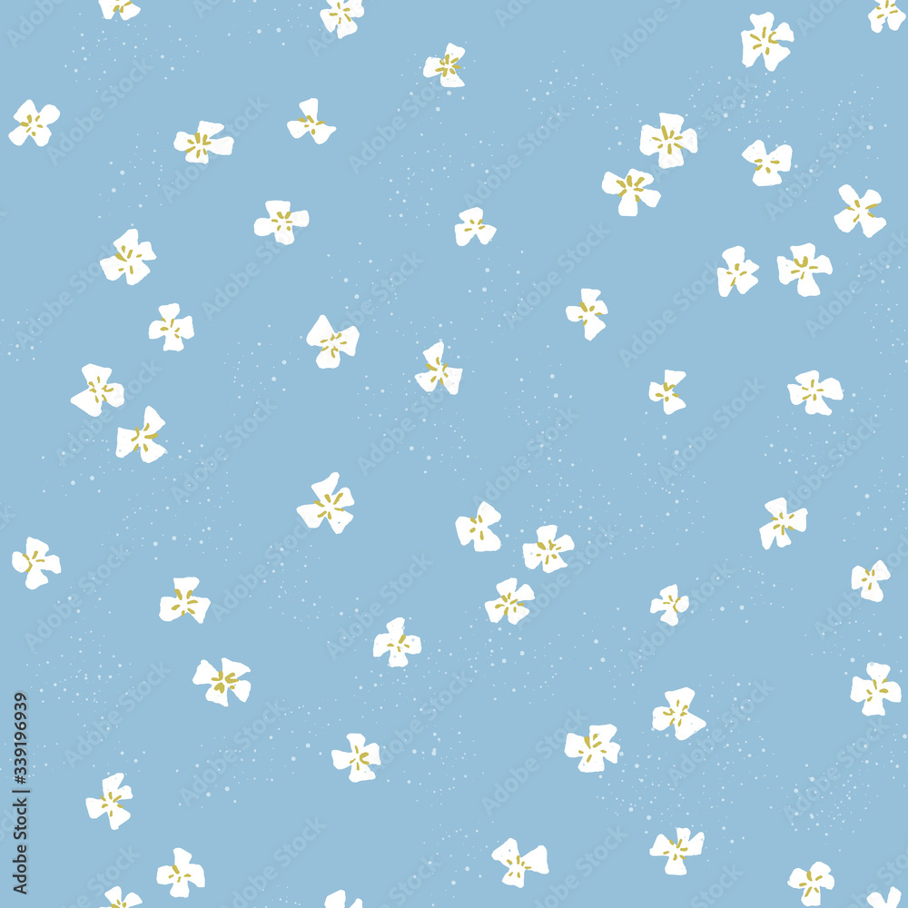 Vector beautiful ditsy floral seamless texture. Repeating pattern of small white flowers on blue background. 50's style design for fabric and wallpaper. Vector beautiful ditsy floral seamless texture. Repeating pattern of small white flowers on blue background. 50's style design for fabric and wallpaper.