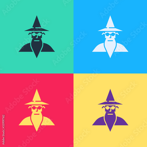 Pop art Wizard warlock icon isolated on color background.  Vector Illustration